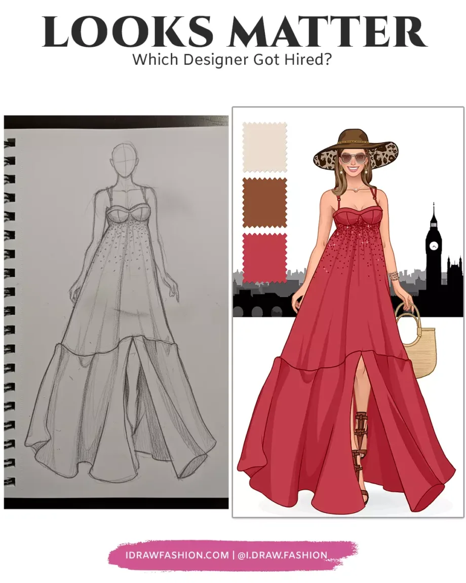 How To Get Noticed In The Fashion Industry as a designer - before and after example or the same red dress