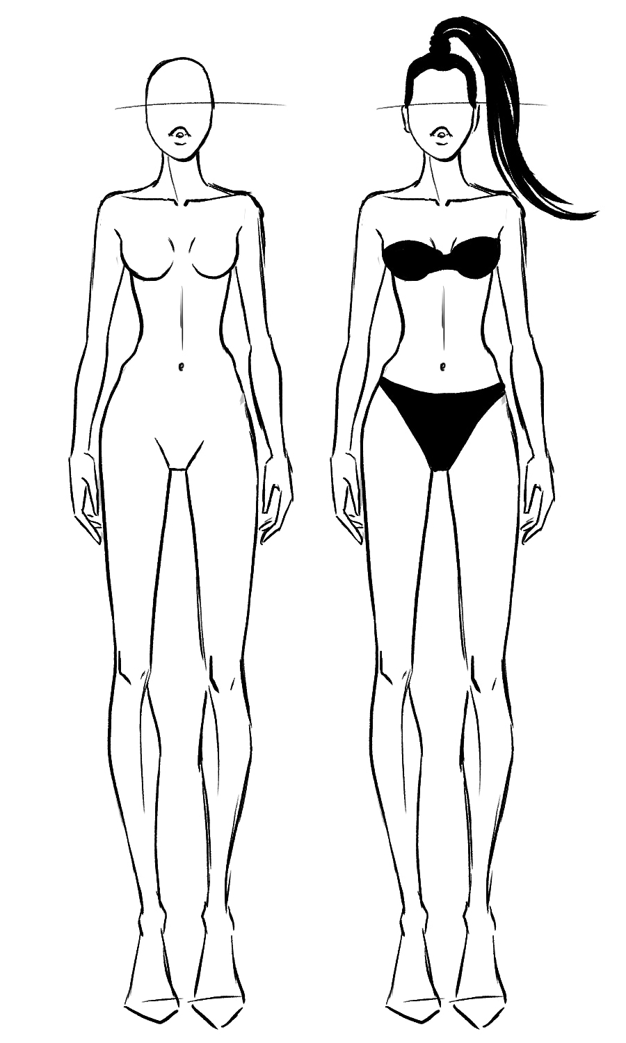 Draw The fashion figure from stick figure to complete design. Croqui base and a croqui with hair and clothes on